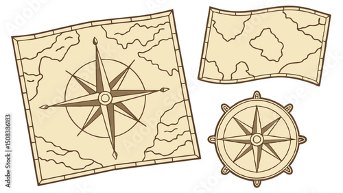 Collection of old style parchment charts featuring compass rose and nautical wheel design elements on white