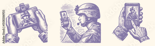 Purple Tone Engraving Style Illustration of Soldier Video Calling Home – Vintage Woodcut Design, Military Connection, Emotional Communication Artwork