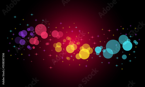 Colorful abstract background with glowing bokeh circles and star sparkles on a red gradient backdrop. Vibrant, festive, and ideal for celebration themes or party invitations.