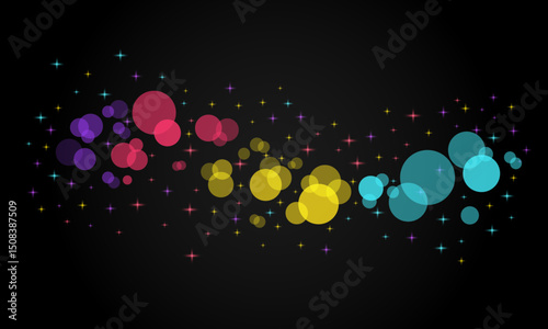 Abstract background with glowing bokeh circles and star sparkles on a red gradient backdrop. Ideal for celebration themes or party invitations.