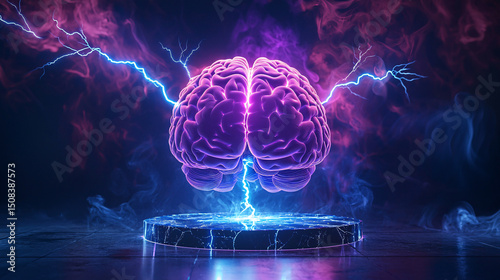 A human brain is illuminated by electrical energy with purple and blue colors on an elevated platform.