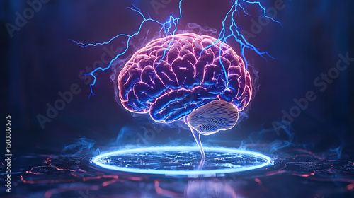 Digital brain with glowing electrical energy surges emanating around it on a dark technological platform.