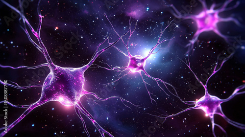 Neural network transmits information through axon connections against starry galaxy cosmic background.
