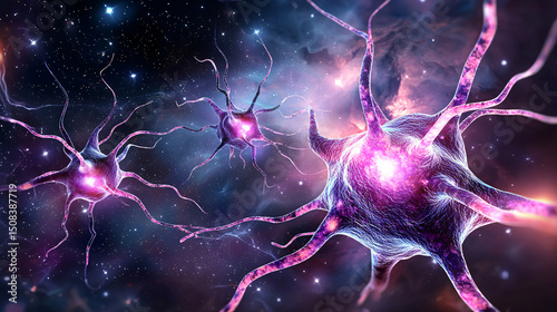 Detailed neurons illustration depicting neural network connections against a starry galaxy backdrop.
