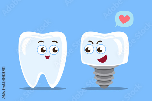 Dental implant . Normal tooth and artificial tooth cartoon character illustration . Vector .