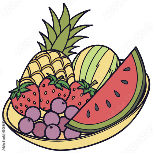 A colorful assortment of fruits including pineapple watermelon grapes and strawberries on a plate art