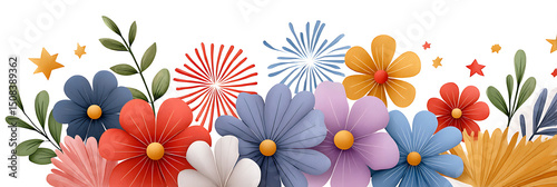 Colorful flower bouquet with green leaves and star shapes, bright and cheerful floral design for decoration and celebration