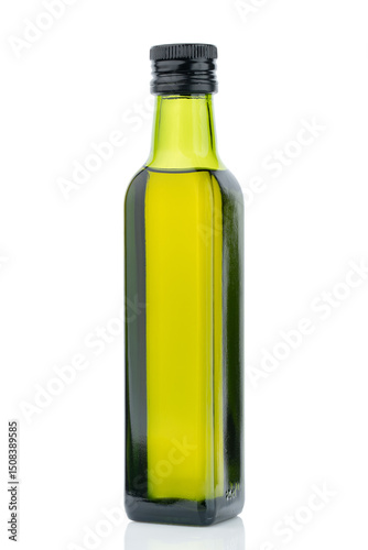 Olive oil in small green glass bottle isolated on white background. Olives. Oil. Healthy food.