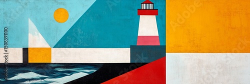 Abstract geometric painting with a lighthouse sailboat sun and ocean.