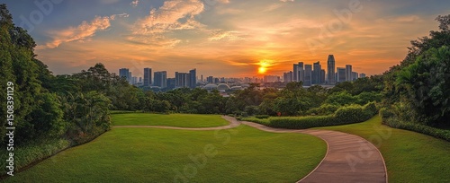 Singapore Sunset Panorama: City Skyline from a Lush Green Park