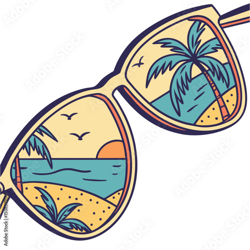 Sunglasses reflecting a beach scene with palm trees, sunset, and birds flying overhead in the sky