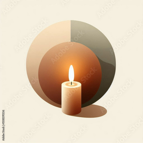 Stylish candle with warm glow beside color circles, minimalist design, soothing atmosphere, copy space