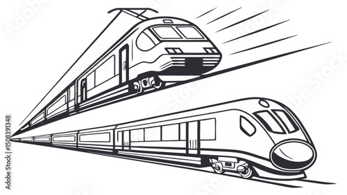 Two streamlined trains depicted in a monochrome graphic with speed lines indicating motion above ground