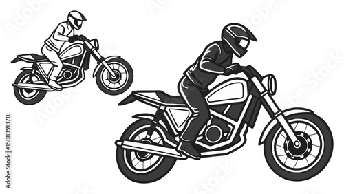 Two motorcyclists wearing helmets riding their bikes on a white background in a graphic style art