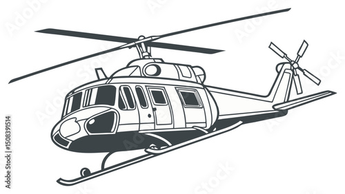 Aviation transport showing a detailed outline of a chopper with rotating blades and landing skids design