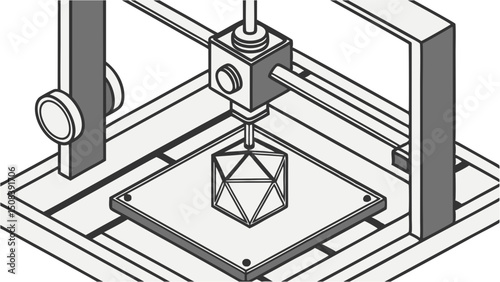 Geometric object being created by a printer with a nozzle above a square platform in a machine