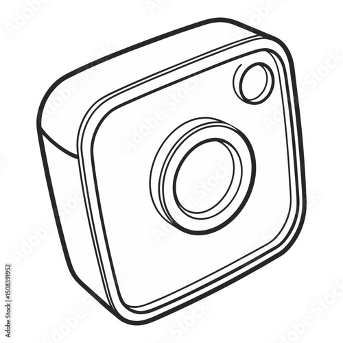 Stylized rendering of a square shaped device with circular lens and button in black and white