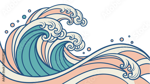 Aesthetic depiction of ocean waves with stylized swirls and a harmonious color palette design style