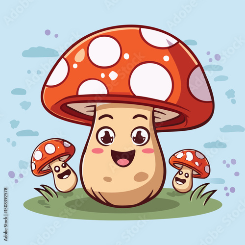 A vibrant red and white cartoon mushroom, an isolated autumn fungus illustration