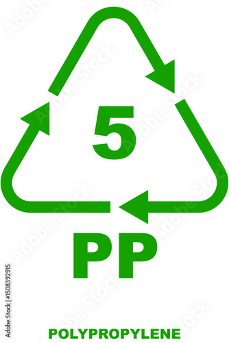 Recycling code icon, green triangular arrows icon with number 5 inside, the abbreviation 'PP' below for polypropylene.