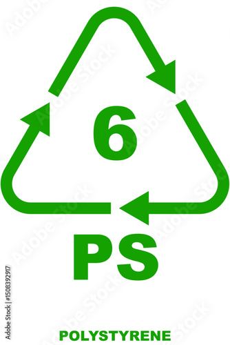 Recycling code icon for polystyrene, identified by the number 6 surrounded by a triangle of arrows, abbreviation 'PS' below.