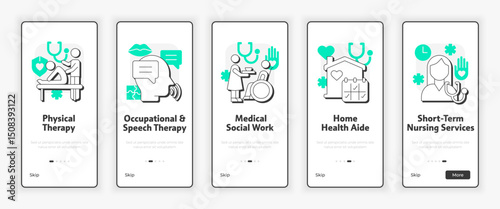 Home health care services mobile onboarding screen. Treatment and healthcare UX UI illustration. Flat outline style icons with green accent. Informa Pro Bold, Montserrat Light fonts used
