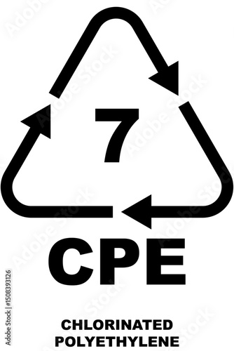 Plastic recycling code icon. black color triangle recycle symbol with arrows type 7 with the letters CPE underneath the code.