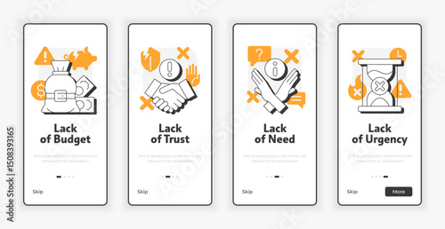 Types of objections mobile onboarding screen. Sales techniques problems highlighting UX UI illustration. Flat outline style icons with orange accent. Informa Pro Bold, Montserrat Light fonts used