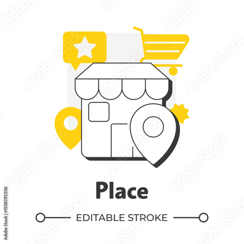 Place flat outline concept icon. Sales optimization. Store location. Four P marketing mix. Modern line illustration with yellow glyphs. Conceptual visual. Easy to edit