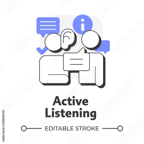 Active listening flat outline concept icon. Good listener. Pay attention. Selling skill. Sales professional. Deal closing. Modern line illustration with purple glyphs. Conceptual visual. Easy to edit