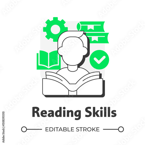 Writing skills flat outline concept icon. Language learning. Decoding meaning from text ability. Word recognition. Modern line illustration with green glyphs. Conceptual visual. Easy to edit