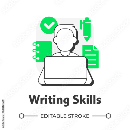 Writing skills flat outline concept icon. Language learning competence. Expressing ideas through written word. Modern line illustration with green glyphs. Conceptual visual. Easy to edit