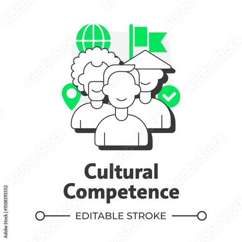 Cultural competence flat outline concept icon. Language learning. Effective interaction with people across culture. Modern line illustration with green glyphs. Conceptual visual. Easy to edit