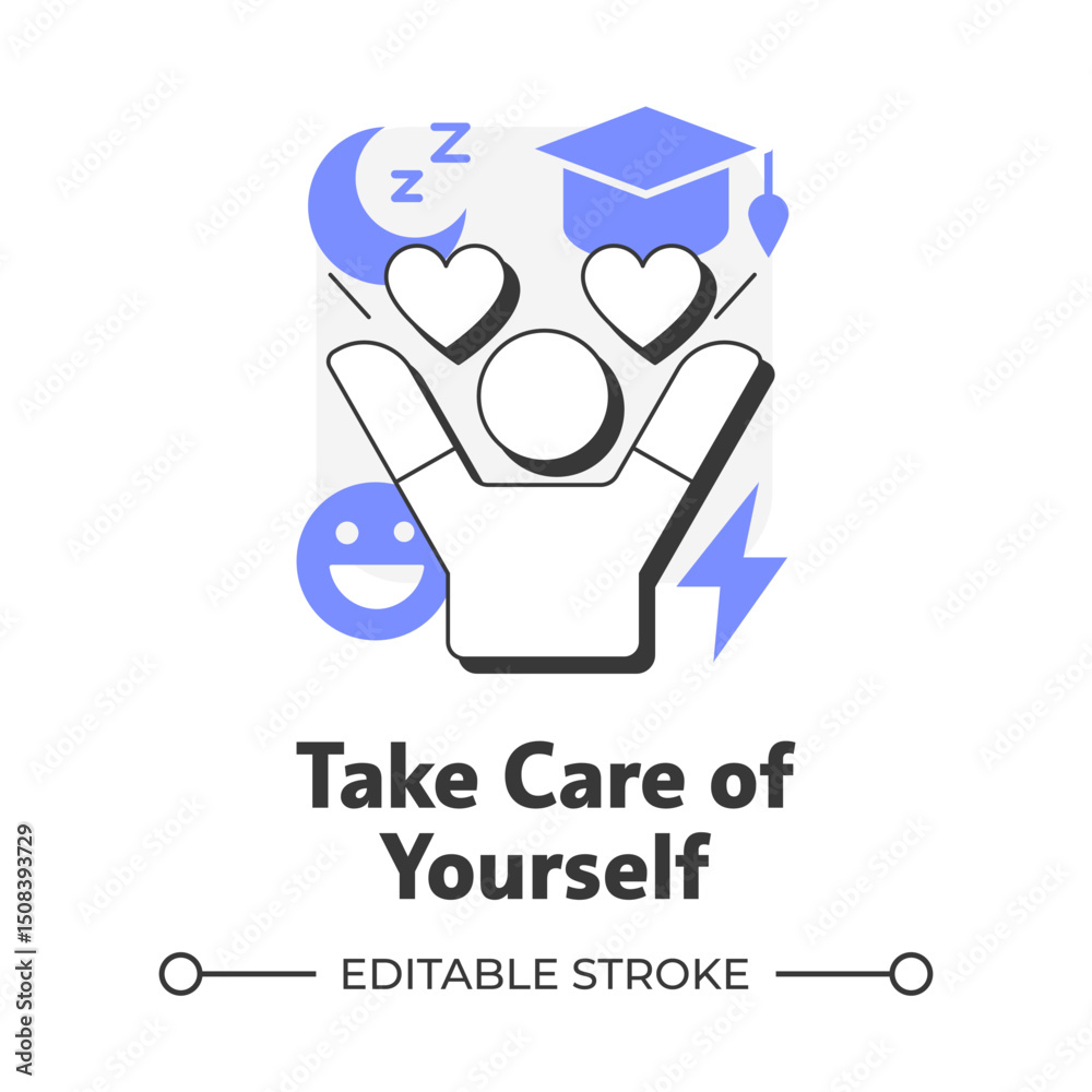 Take care of yourself flat outline concept icon. Healthy lifestyle. Time for you. Reduce stress. Mental health. Modern line illustration with purple glyphs. Conceptual visual. Easy to edit Take care of yourself flat outline concept icon. Healthy lifestyle. Time for you. Reduce stress. Mental health. Modern line illustration with purple glyphs. Conceptual visual. Easy to edit