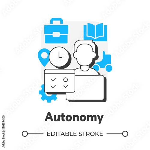 Autonomy flat outline concept icon. Work life balance. Decision making. Freedom to choose. Work remotely. Self management. Modern line illustration with blue glyphs. Conceptual visual. Easy to edit