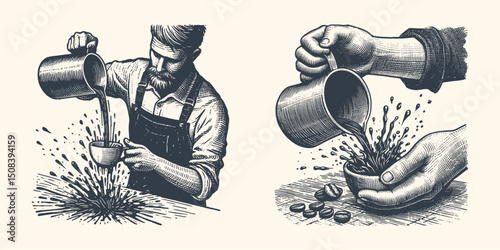  illustration of a barista accidentally spilling coffee, detailed woodcut design with dynamic motion and classic artistic lines Vintage engraving style