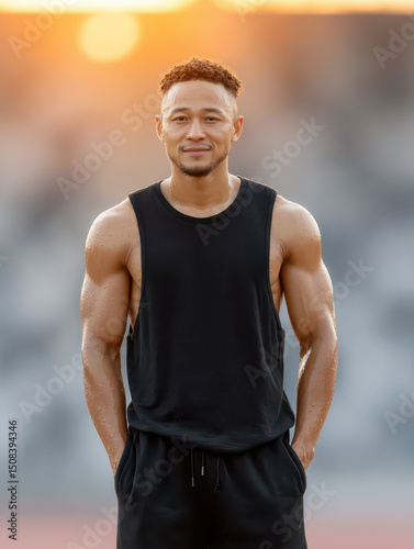 Muscular Portrait of a Confident Athlete: A well-built athlete, radiating confidence, poses in sportswear with a serene smile against the warm backdrop of daylight.