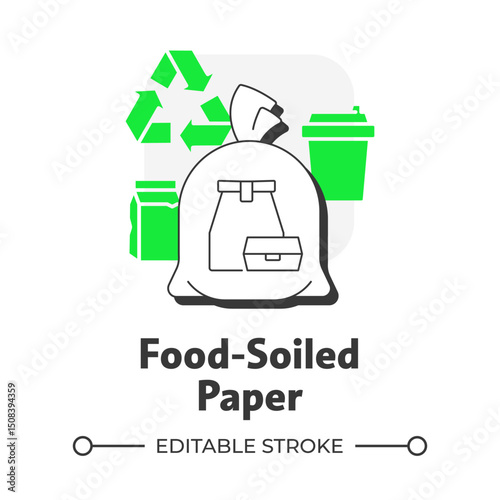 Food soiled paper flat outline concept icon. Organic litter type. Paper products. Contact with organic materials. Modern line illustration with green glyphs. Conceptual visual. Easy to edit