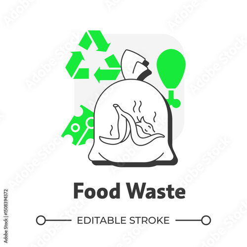 Food waste flat outline concept icon. Organic garbage type. Food loss, leftovers. Producing for human consumption. Modern line illustration with green glyphs. Conceptual visual. Easy to edit