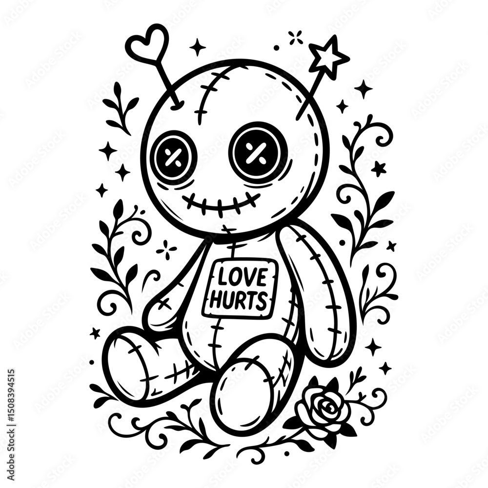 Halloween Voodoo-Puppe mit „Love Hurts“ Schild - schwarz-weiße Tattoo-Style Illustration mit Herz, Stern, Knopfaugen und floralen Ornamenten