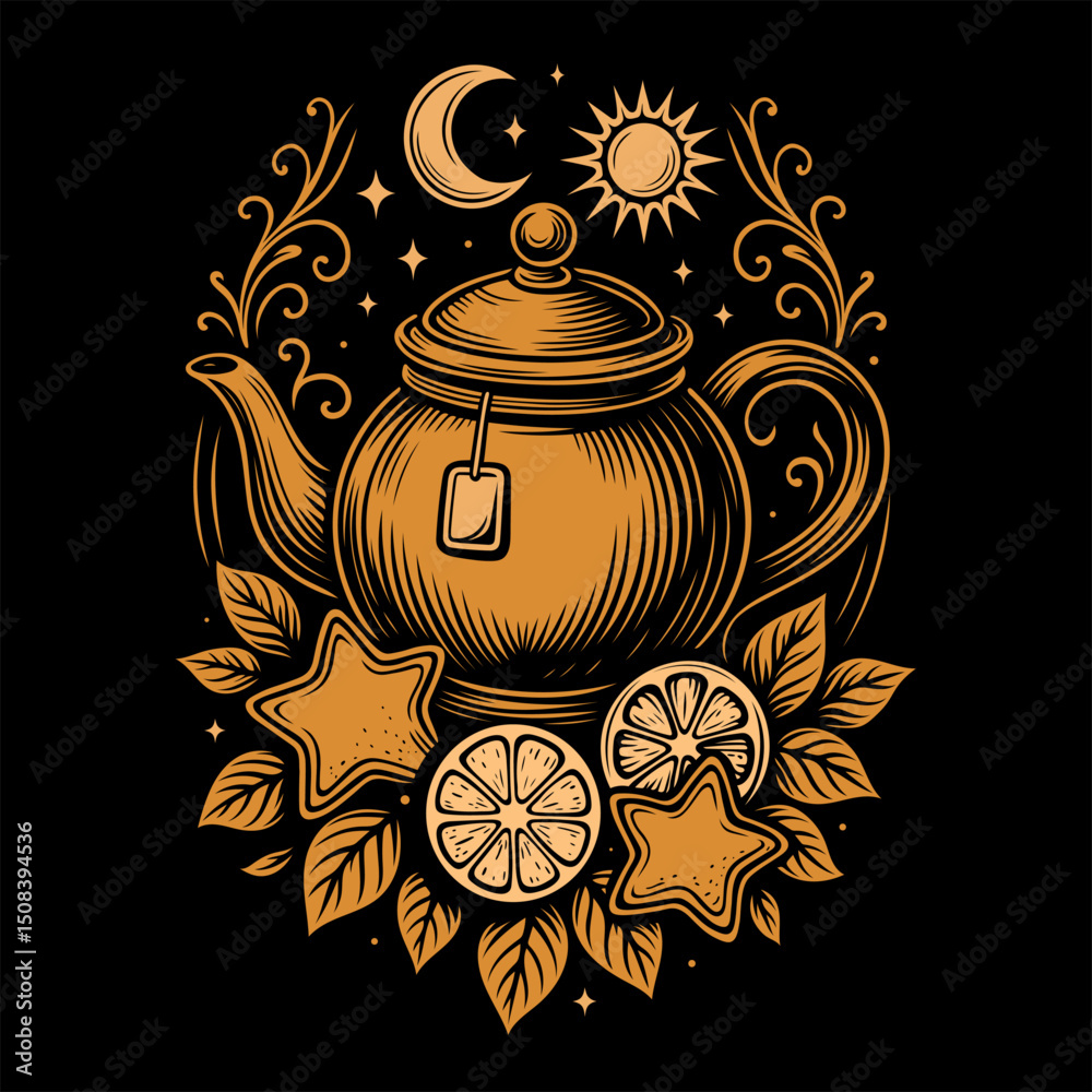 Magische Teekanne mit Sonne, Mond und Kräutern - mystische Vektorillustration in Gold auf Schwarz mit Zitronenscheiben, Sternkeksen und floralen Ornamenten