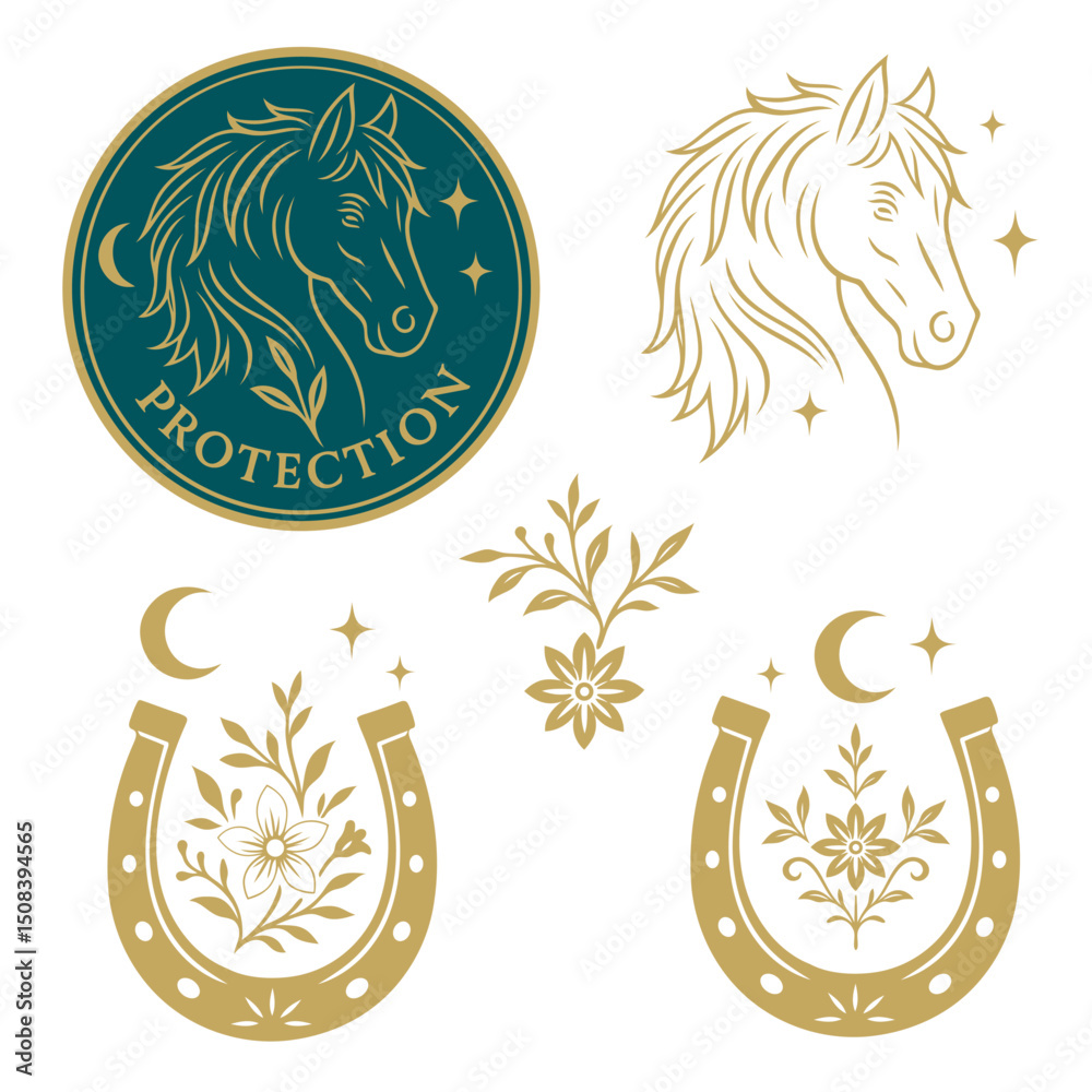 Mystisches Pferd mit Hufeisen und Schutzsymbolen - florale Vektorillustration (Sticker) mit Mond, Sternen und Ornamenten in Gold auf Weiß und Petrol