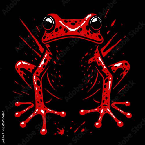 Roter Erdbeerfrosch auf schwarzem Hintergrund – kontrastreiche Vektorillustration des Strawberry Poison Dart Frog (Oophaga pumilio)