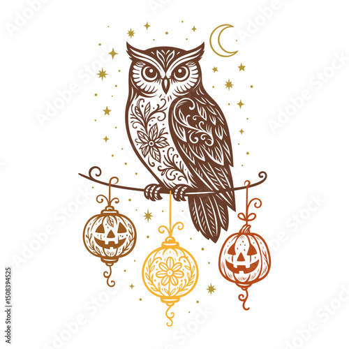 Verzierte Eule mit Kürbislaternen, Halbmond und Sternenhimmel - elegante Halloween-Vektorillustration in Braun-Orange auf Weiß