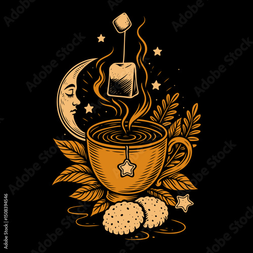 Mystische Teetasse mit Mond, Marshmallow und Stern - spirituelle Illustration in Gold auf Schwarz mit floralen Elementen, Dampf und Nachthimmel