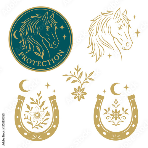 Mystisches Pferd mit Hufeisen und Schutzsymbolen - florale Vektorillustration (Sticker) mit Mond, Sternen und Ornamenten in Gold auf Weiß und Petrol