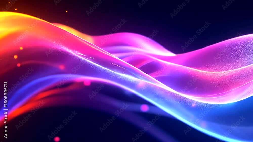 Abstract vibrant wave form, blending from warm red-orange to cool blue, with digital glitter effect against a dark background