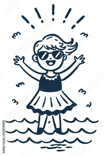A cheerful girl in sunglasses splashes with glee enjoying the summer day outlined in soft blue on a dark