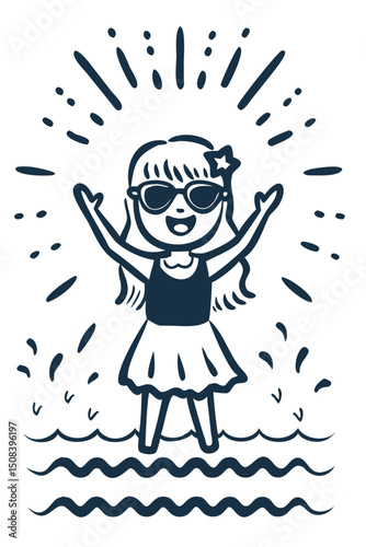 A carefree girl with sunglasses enjoying a summer day at the beach with radiant light blue hand drawn lines on