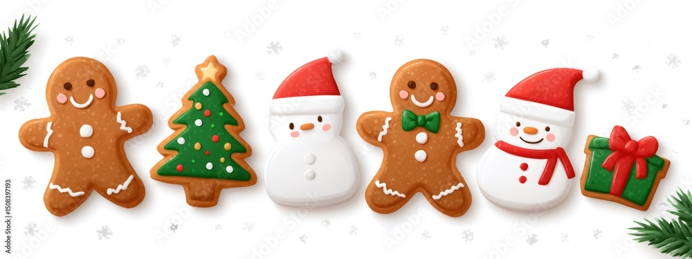 Fototapeta premium Christmas gingerbread men and snowman cookies with christmas tree and gift box